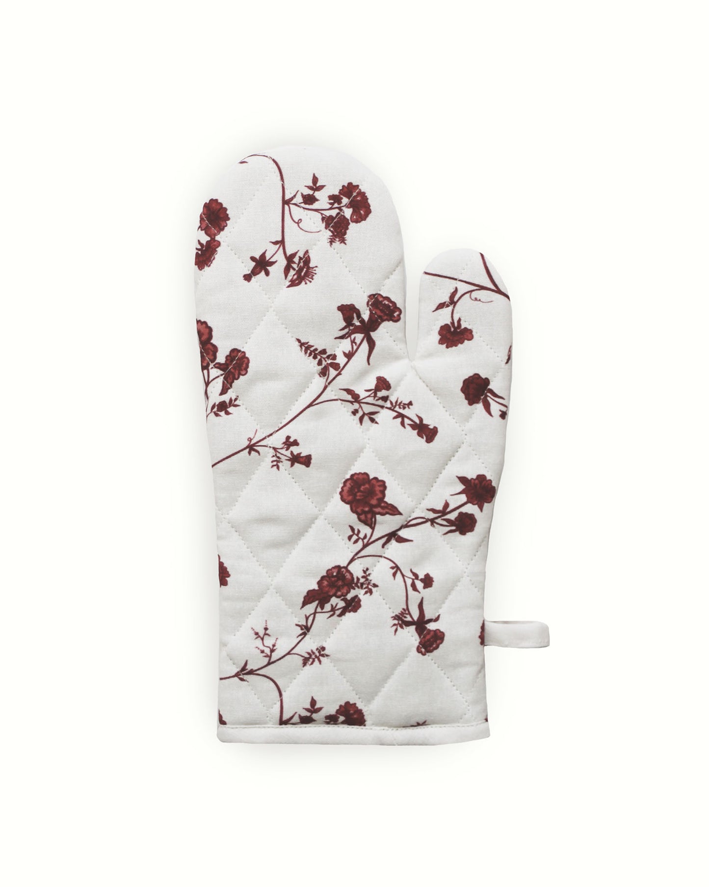 Hand-drawn red vine print oven mitts crafted from soft, sustainable organic cotton.