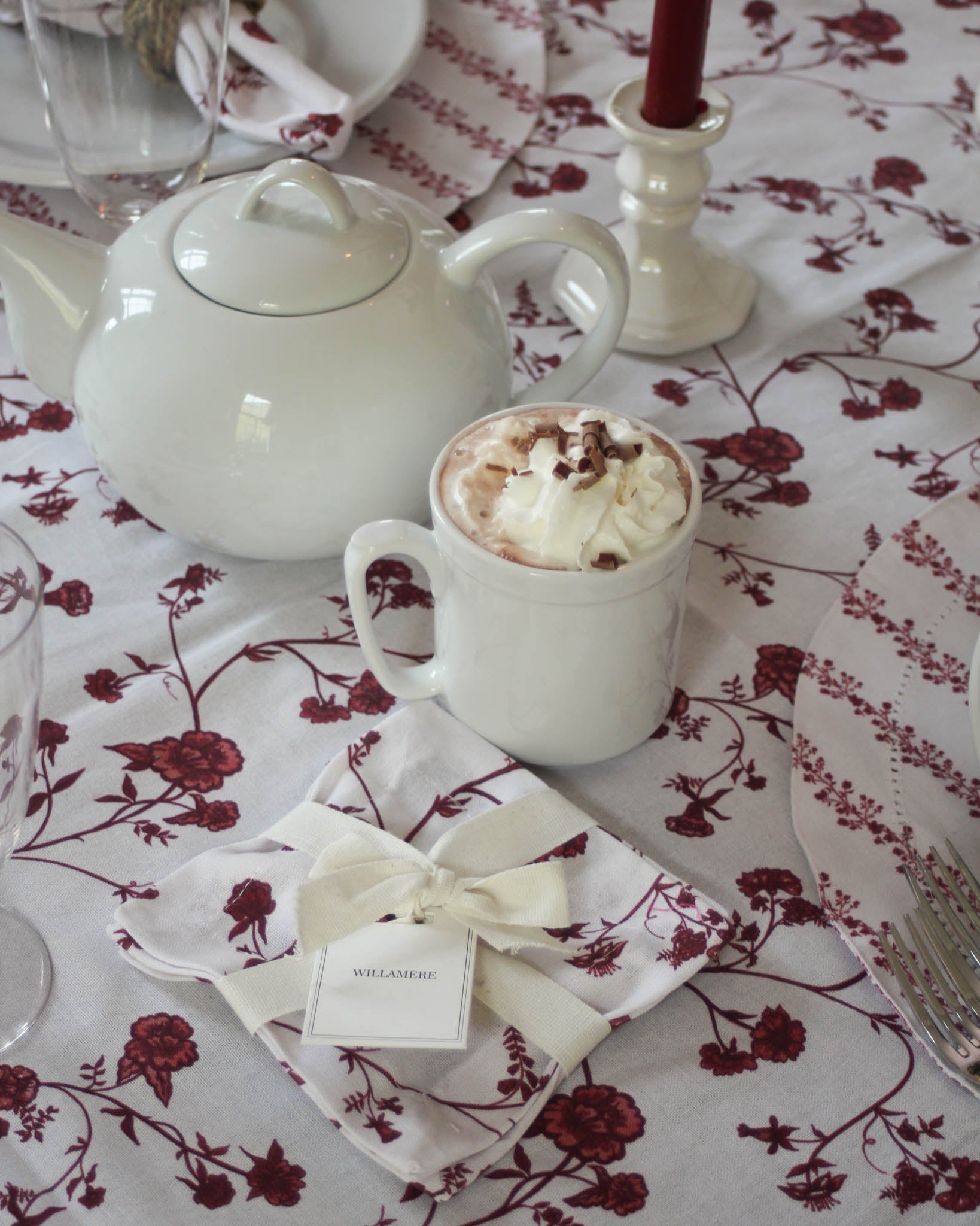 Reusable cotton cocktail napkins with delicate red florals—beautiful for holidays or everyday hosting.