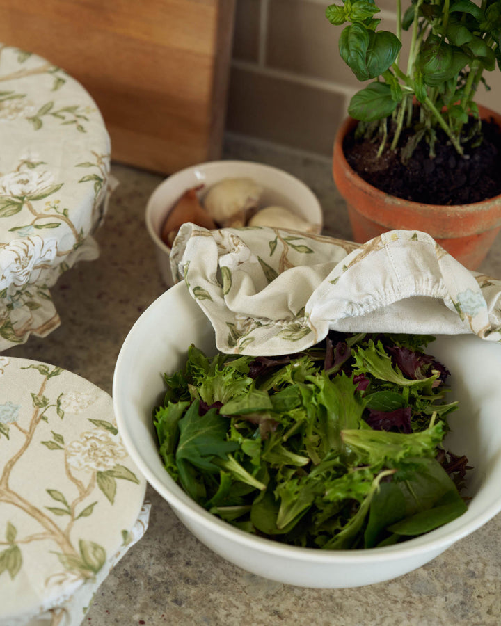 Reusable floral bowl covers set, a sustainable alternative to plastic wrap for baking and food prep.