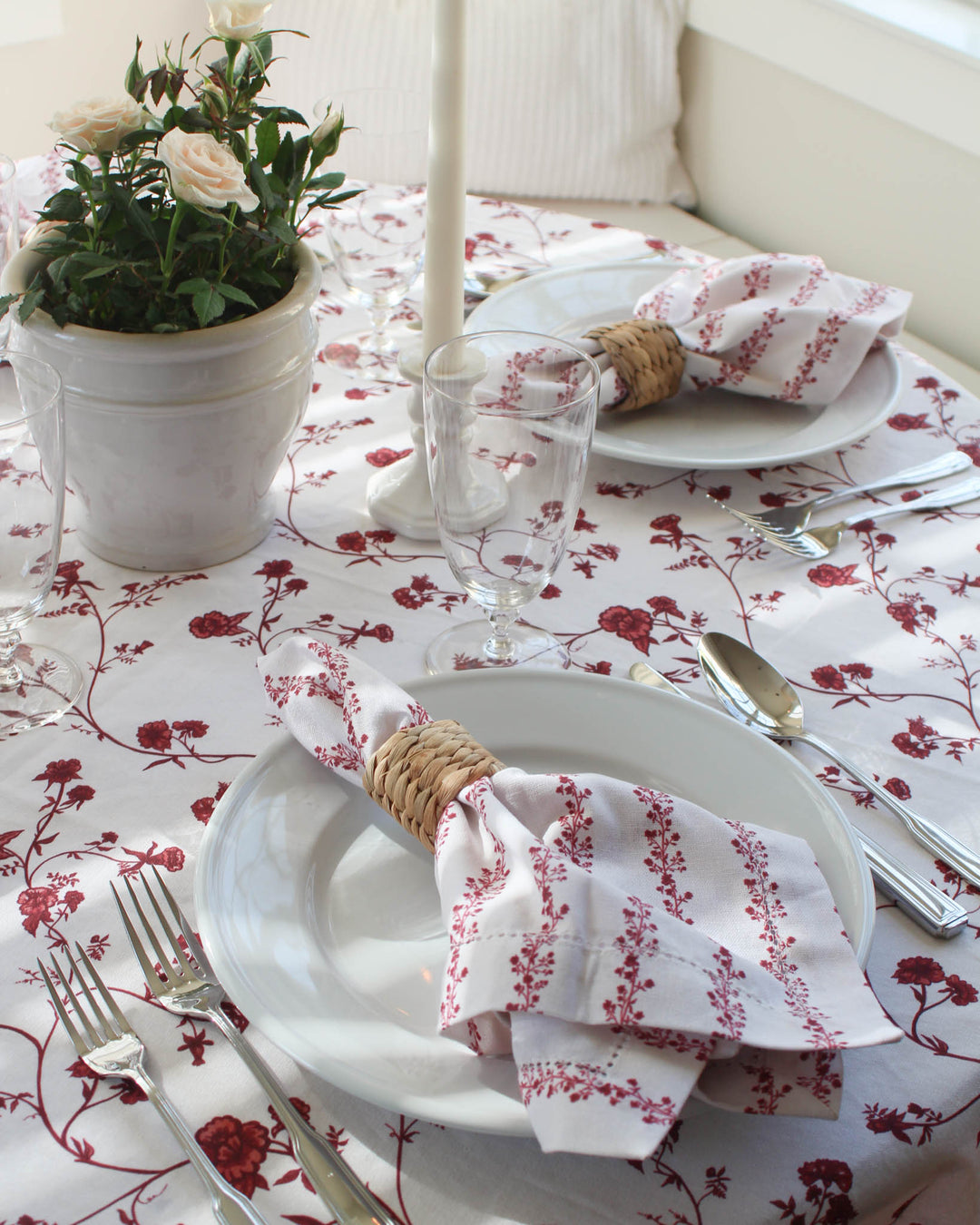 Hand-drawn red floral design on a premium Cotton Round Tablecloth,  This French Country Print brings a vibrant Spring Table Cover vibe to your home. Great gift for a hostess or as Easter Linens. Designed to provide an elegant drape on long tables, it is a focal point for a Mother's Day Brunch. A high-quality, breathable Linen Tablecloth alternative.