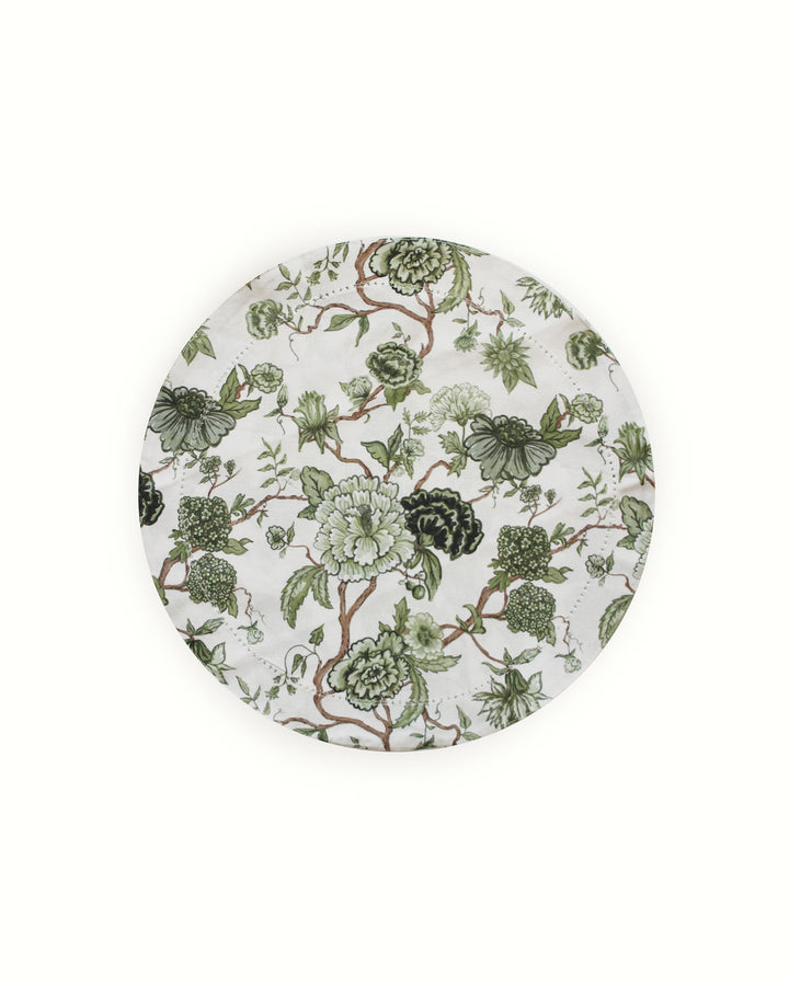Green floral Florence placemats, round set of 4 in 100% cotton with delicate hemstitch edges for elegant dining.