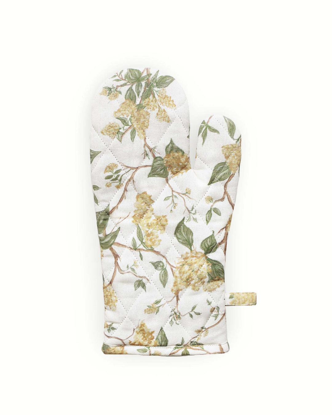 Durable and stylish botanical floral oven mitts in a timeless yellow spring palette. These quilted kitchen gloves are handcrafted from high-quality cotton and feature a heat-resistant recycled cotton interior. Perfect for everyday use or special holiday baking, the generously sized 13.5-inch gloves offer excellent heat insulation. The intricate diamond stitching ensures long-lasting strength, while the botanical vine pattern adds a charming touch to your farmhouse or cottage core kitchen setup.