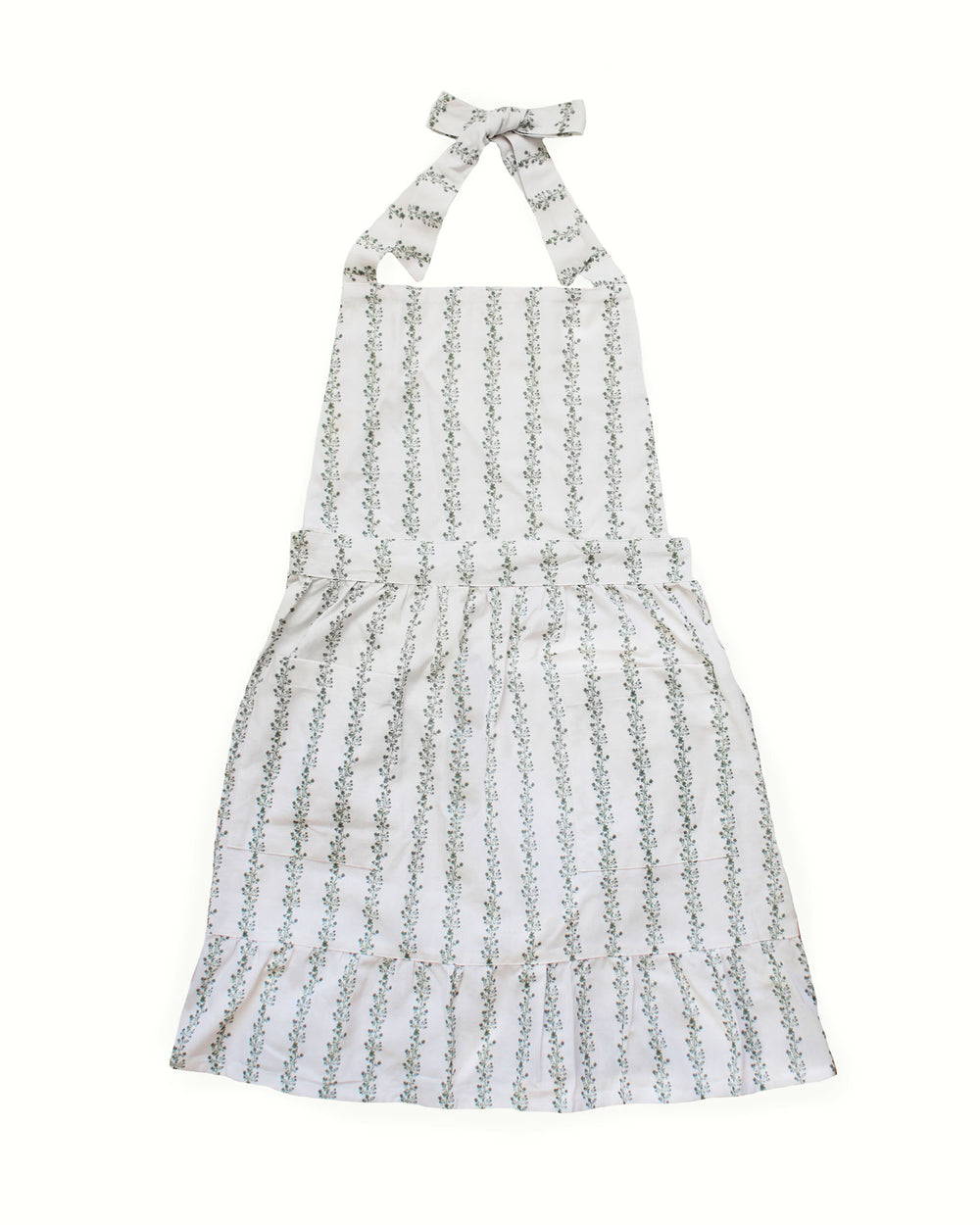 Floral stripe cotton apron with adjustable ties, pockets and ruffle hem deal for spring hosting and kitchen routines.