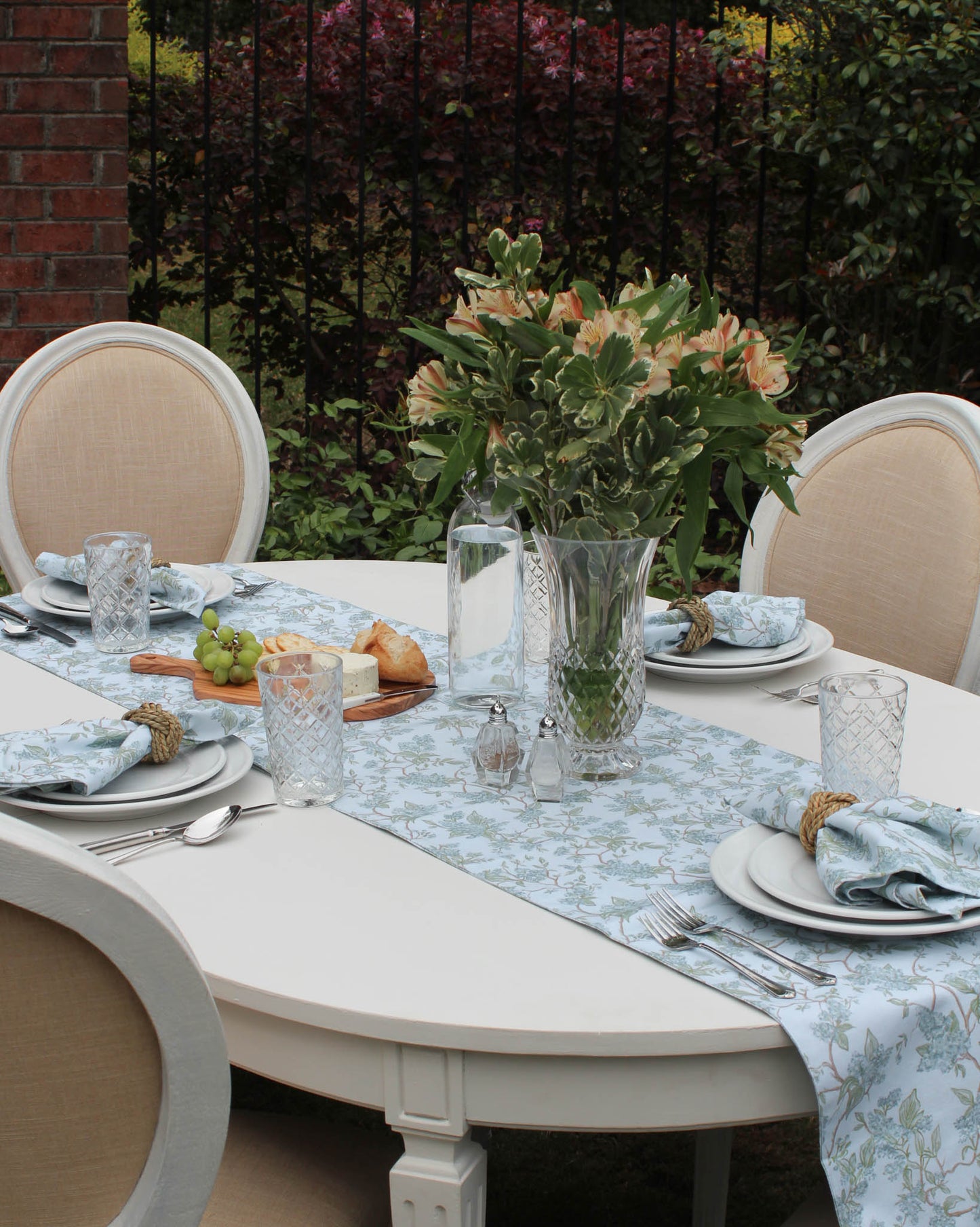 Hyacinth floral table runner made from organic cotton, perfect for spring and summer table settings, everyday dining, and seasonal hosting, especially Mother's Day.