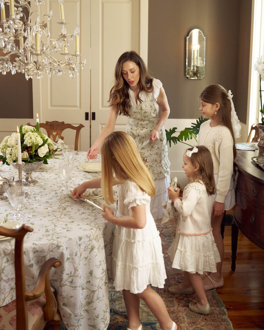 Matching mommy and me cotton aprons in a soft neutral palette, perfect for Mother’s Day gifting.