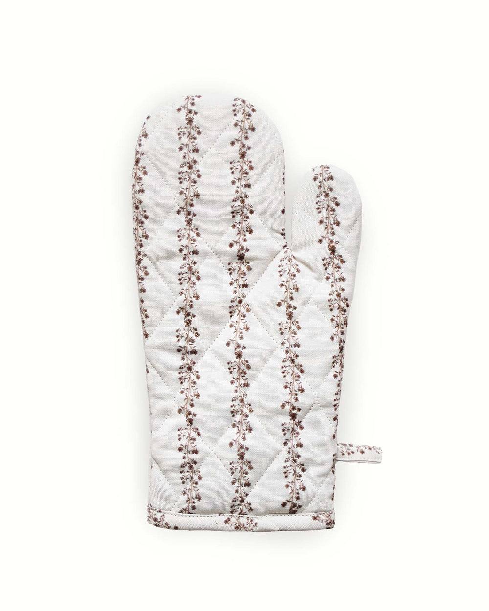 Floral stripe cotton oven mitts set of 2 with durable quilting, designed for safe handling of hot cookware.