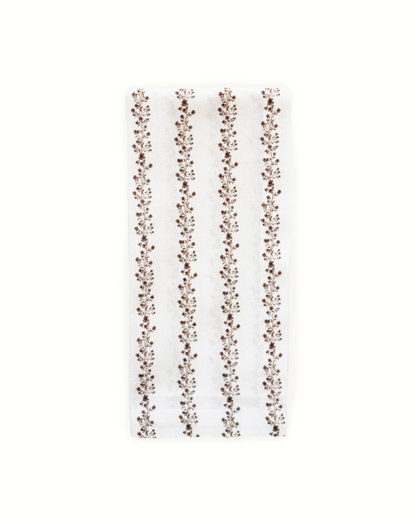 Festive tea towel in organic cotton with hand-drawn floral stripe. Hanging loop for holiday kitchen display. Perfect Christmas hostess gift, sustainably made.