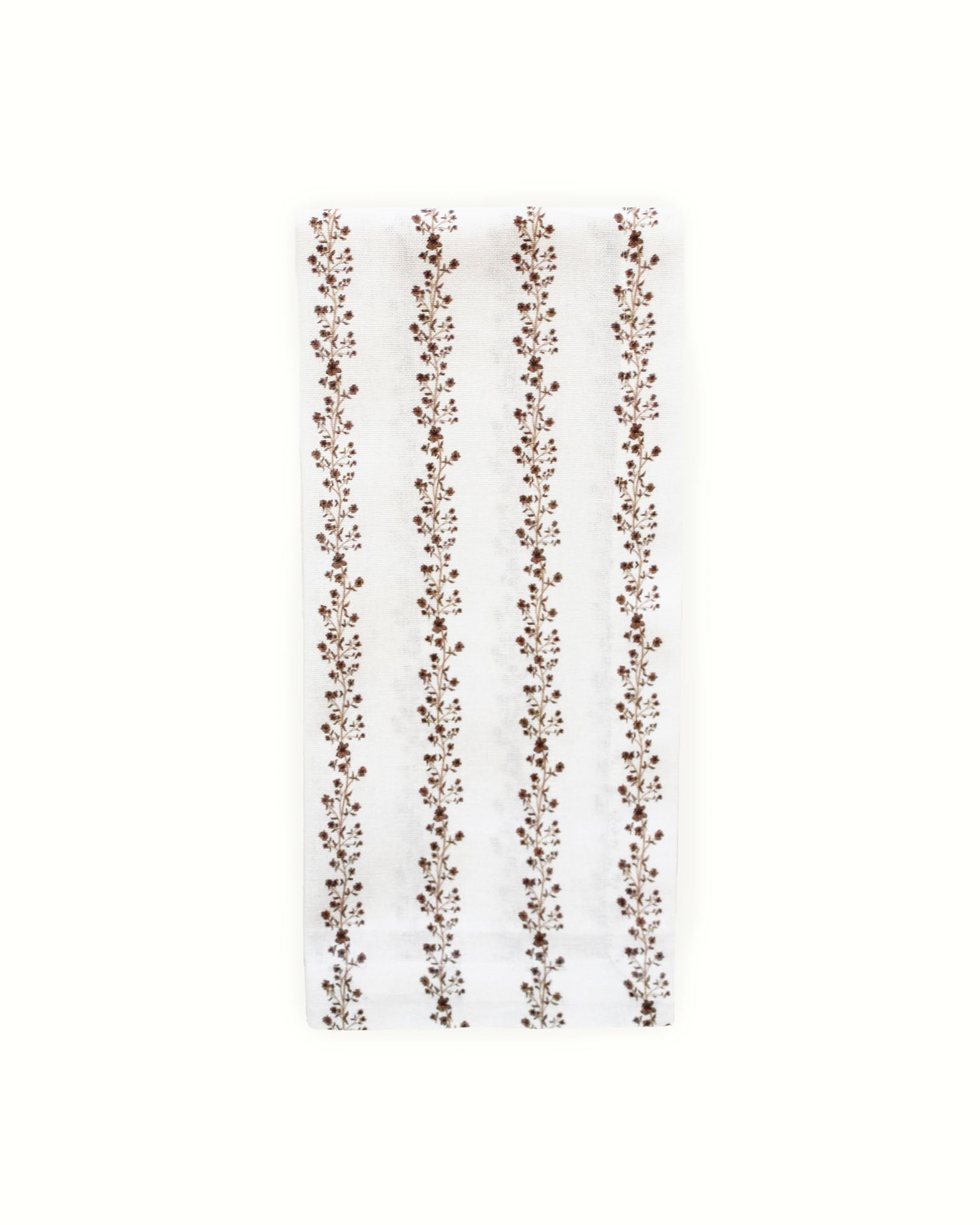 Festive tea towel in organic cotton with hand-drawn floral stripe. Hanging loop for holiday kitchen display. Perfect Christmas hostess gift, sustainably made.