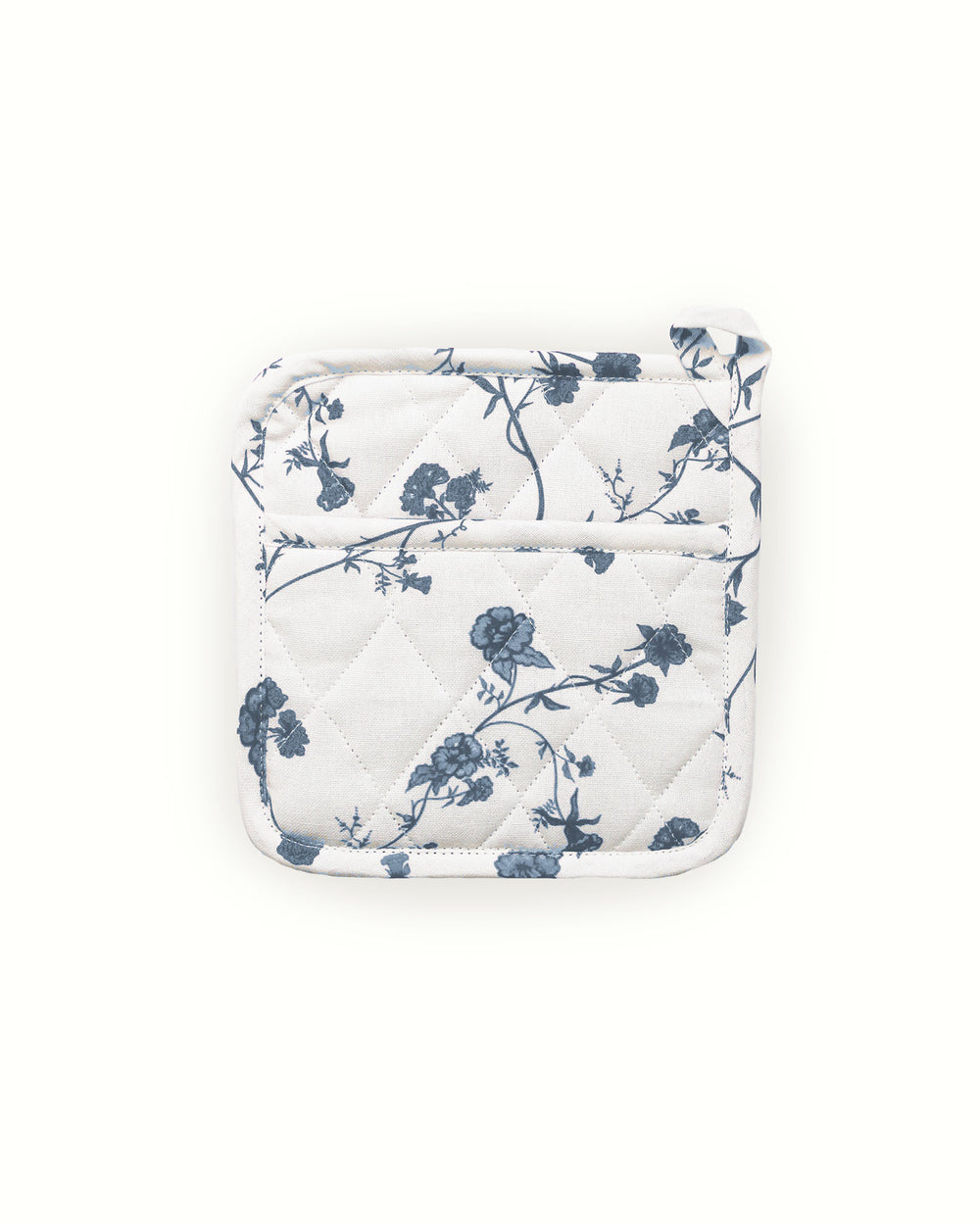 Quilted pot holder with blue floral pattern on a white background
