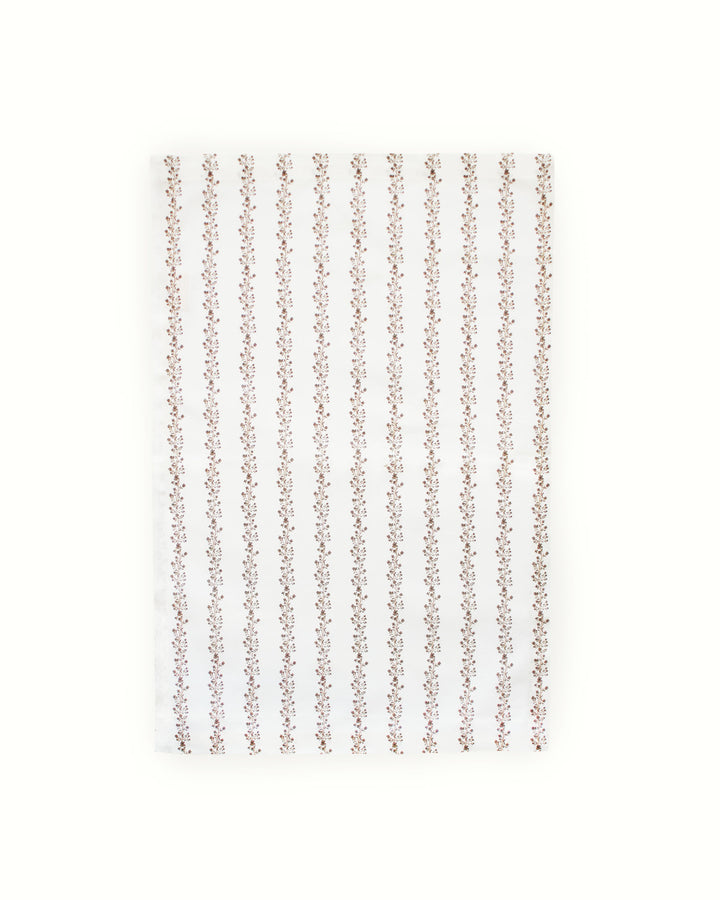 Elegant brown floral stripe tea towel with hand-drawn botanical artwork, a versatile kitchen linen for fall, Thanksgiving, hosting, and year-round use.