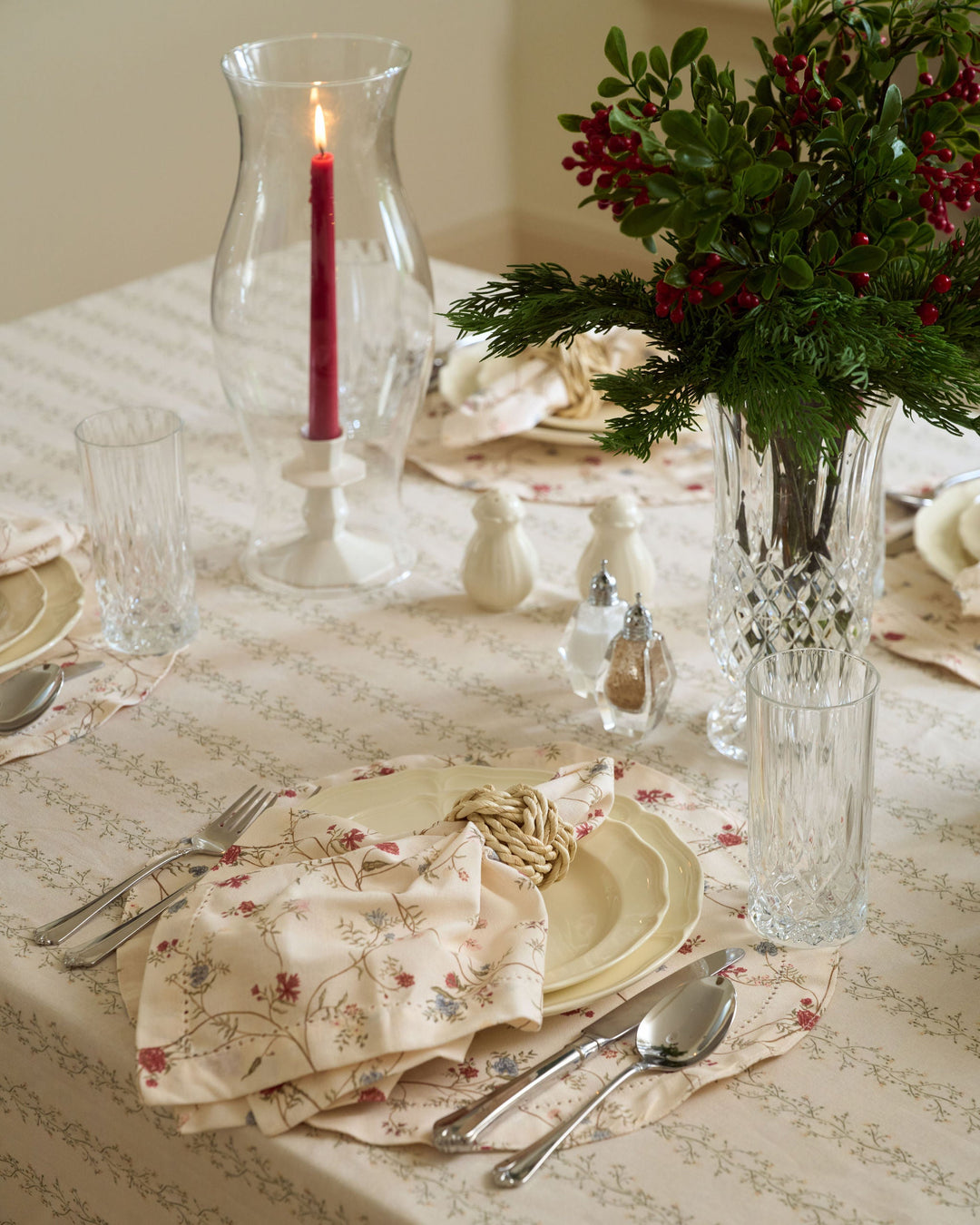 Willamere Antique Floral placemats featuring hand-drawn botanical prints for traditional Christmas table decor and festive holiday hosting.