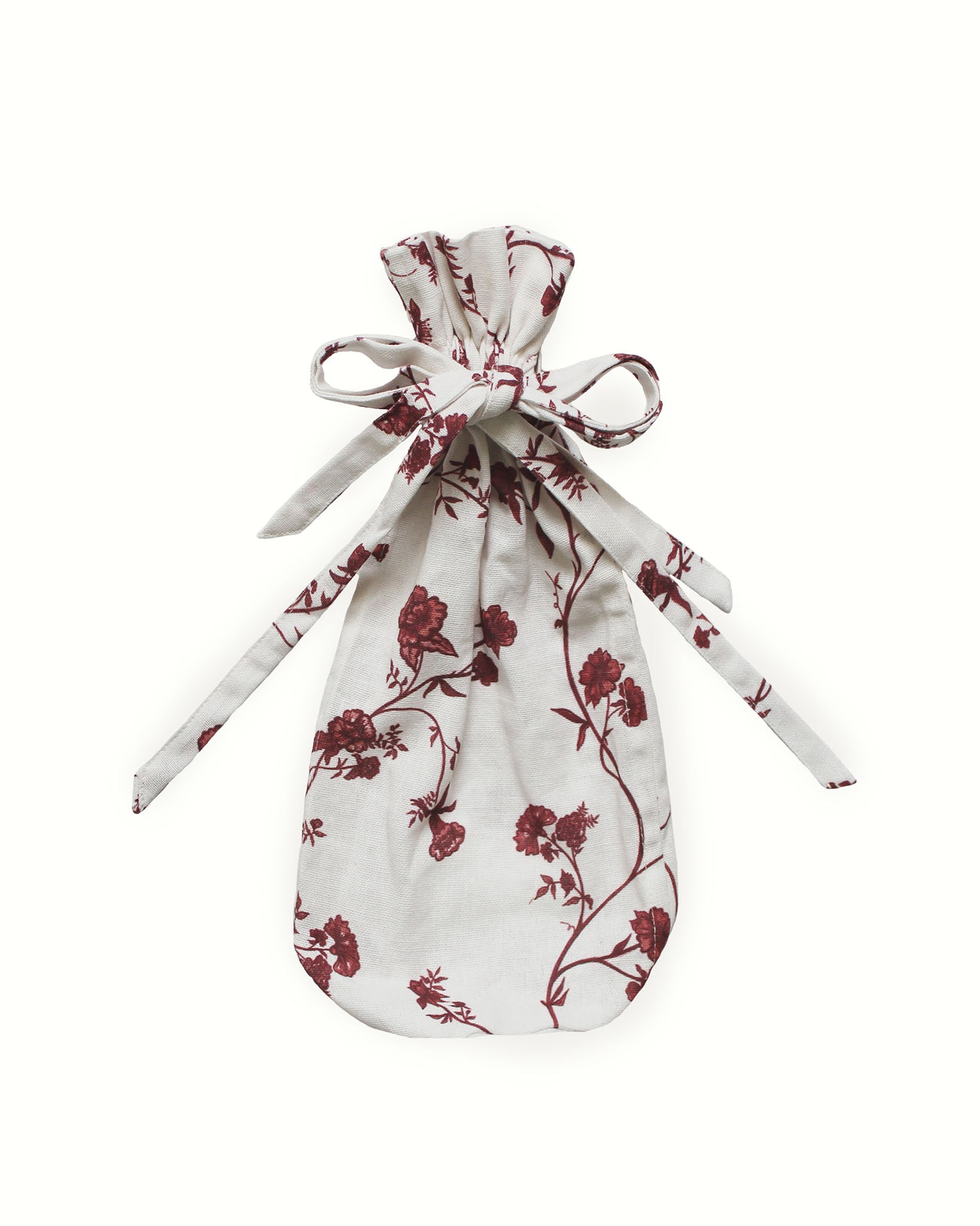 Floral cotton wine bag featuring a simple drawstring tie, crafted sustainably in India.