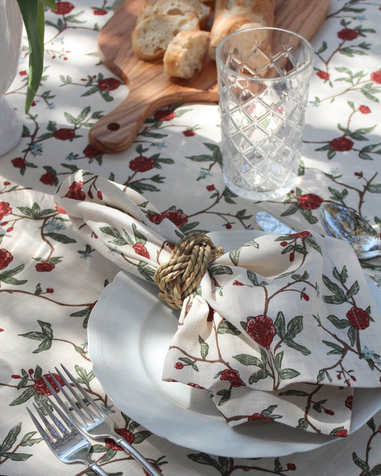 Red floral napkin set printed on organic cotton. Perfect for spring and summer entertaining and dinner parties or hostess gifts.