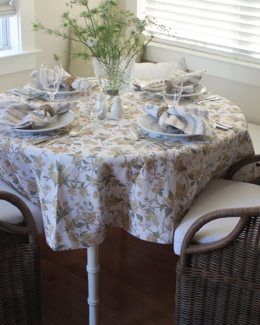 Marigold Floral Round Tablecloth available in 70" round size. Perfect for bridal shower, tea party and brunches. 