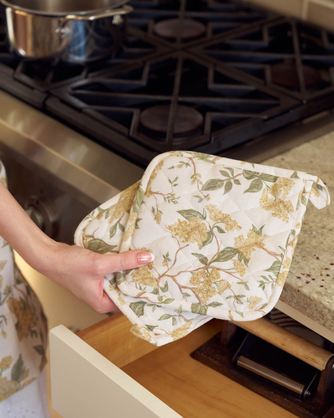 Giftable yellow floral pot holder set designed for spring kitchens and Mother’s Day gifting.