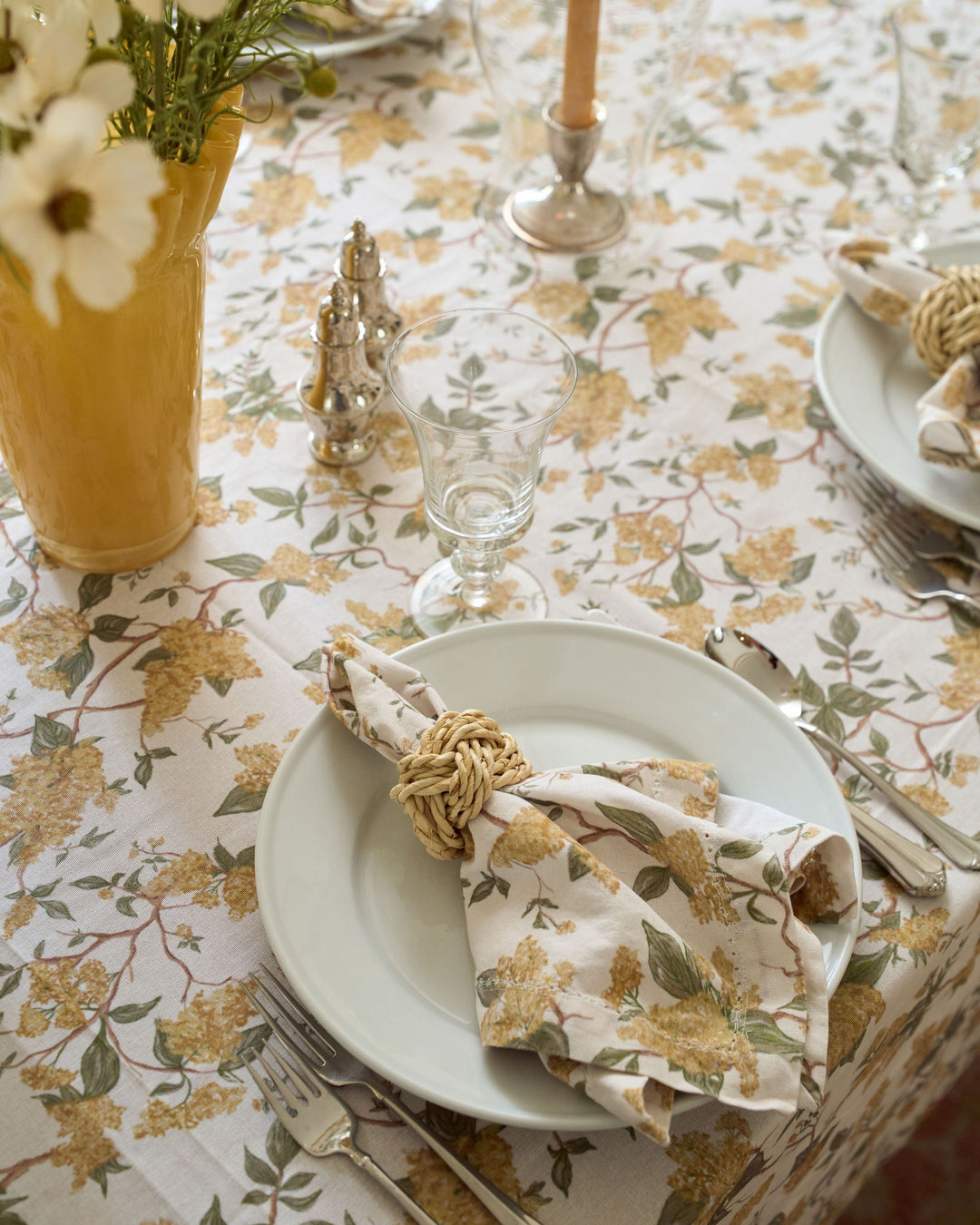 Set of four yellow marigold floral cotton napkins featuring a hand-drawn botanical print for fall dining, autumn hosting, and timeless Thanksgiving tables.