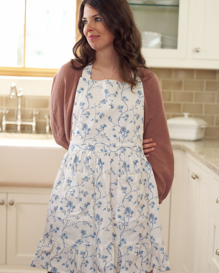 Garden Vine apron in premium cotton with hand-drawn floral print, ideal for baking bread, cooking, and elegant kitchen use.