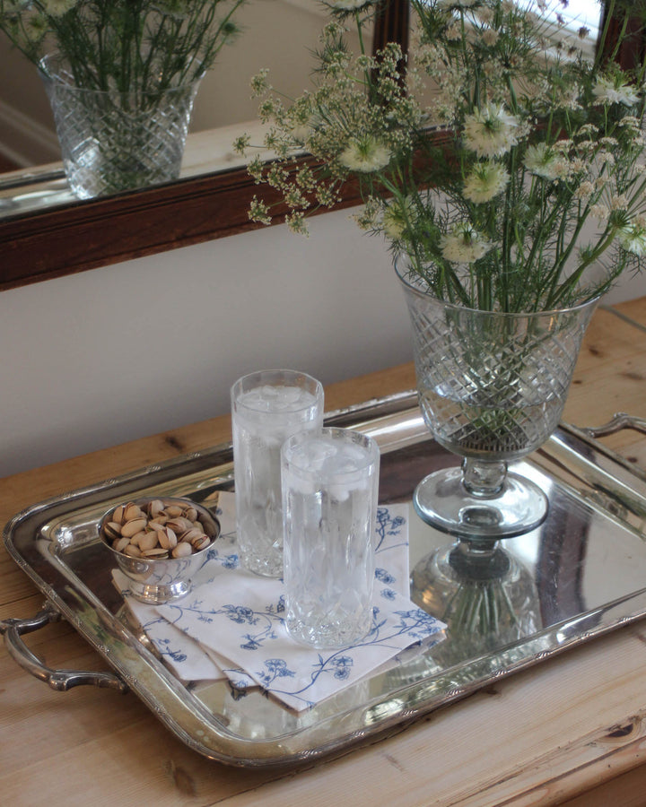 Hand-drawn Garden Vine floral cocktail napkins, set of 4 in 100% cotton, adding a refined grand millennial touch to bar carts and entertaining.