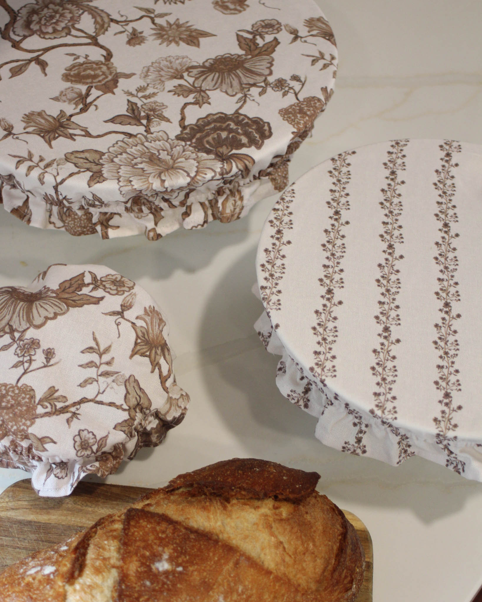 Floral and stripe cotton bowl covers for baking and serving this holiday season