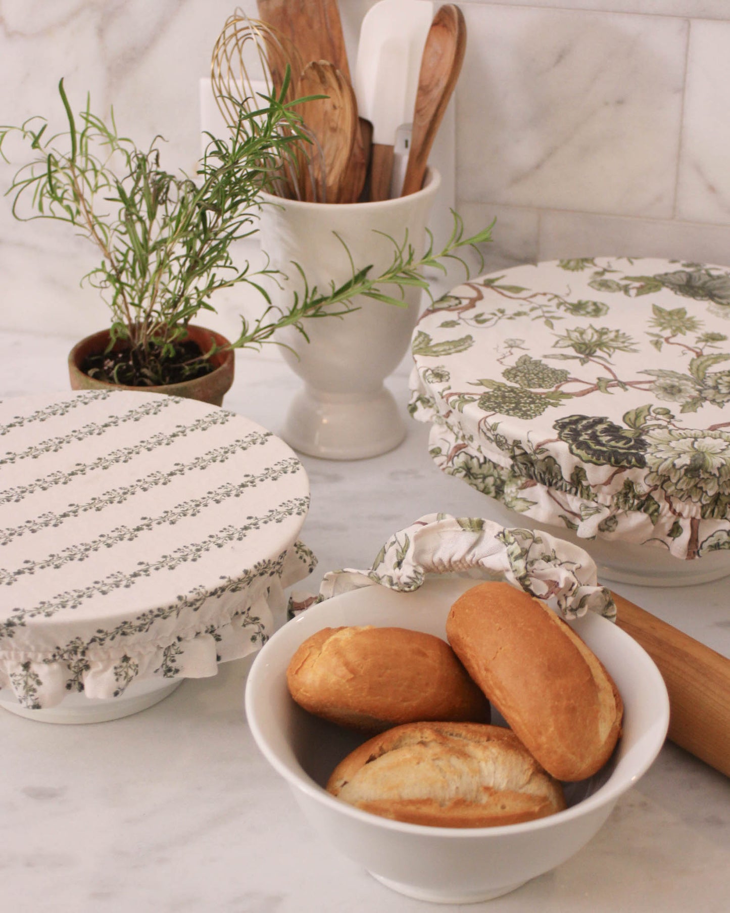 Set of three reusable cotton bowl covers in floral and stripe prints