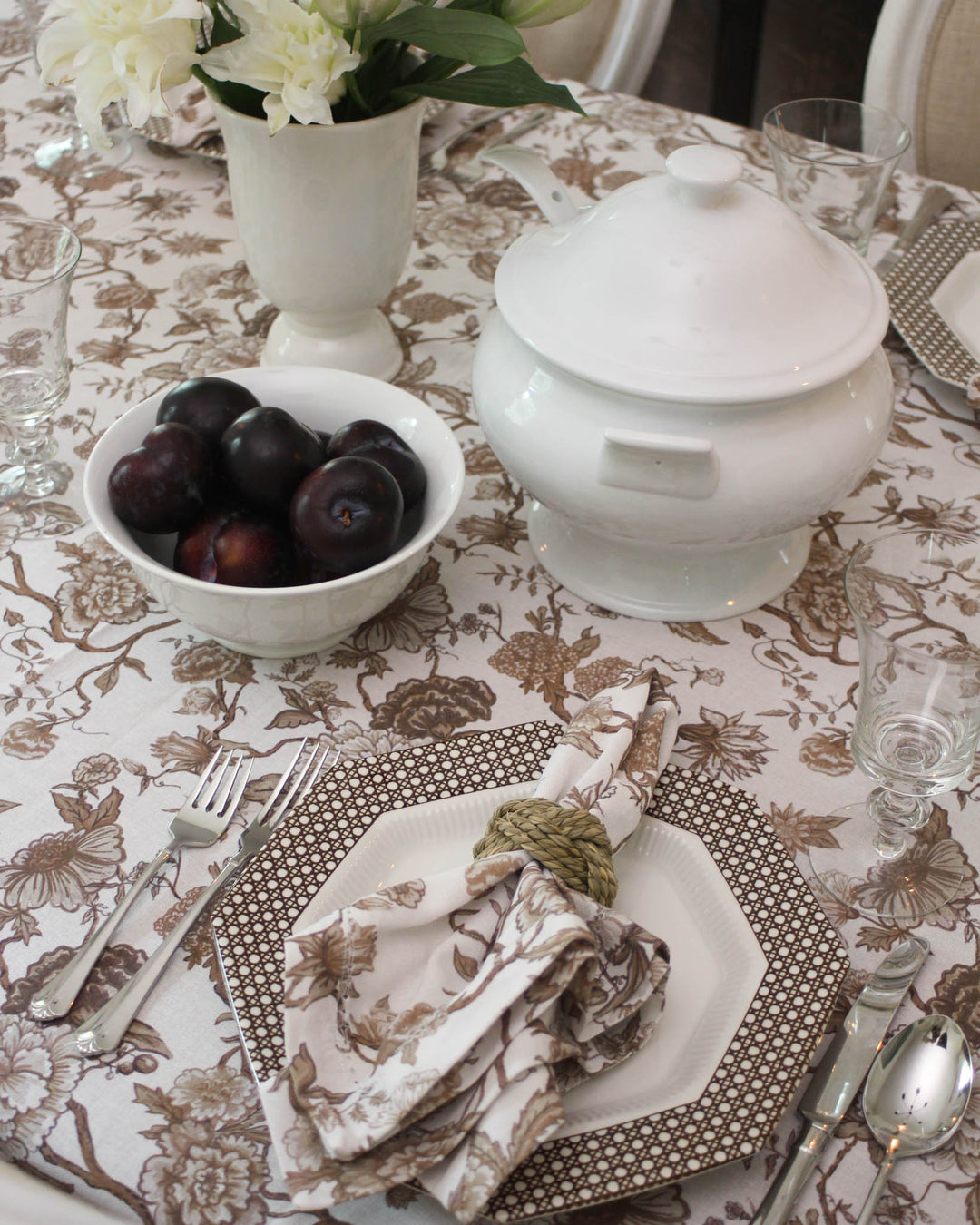 Cotton cloth napkins in brown floral design, perfect for Southern-style table settings and coastal-inspired decor.