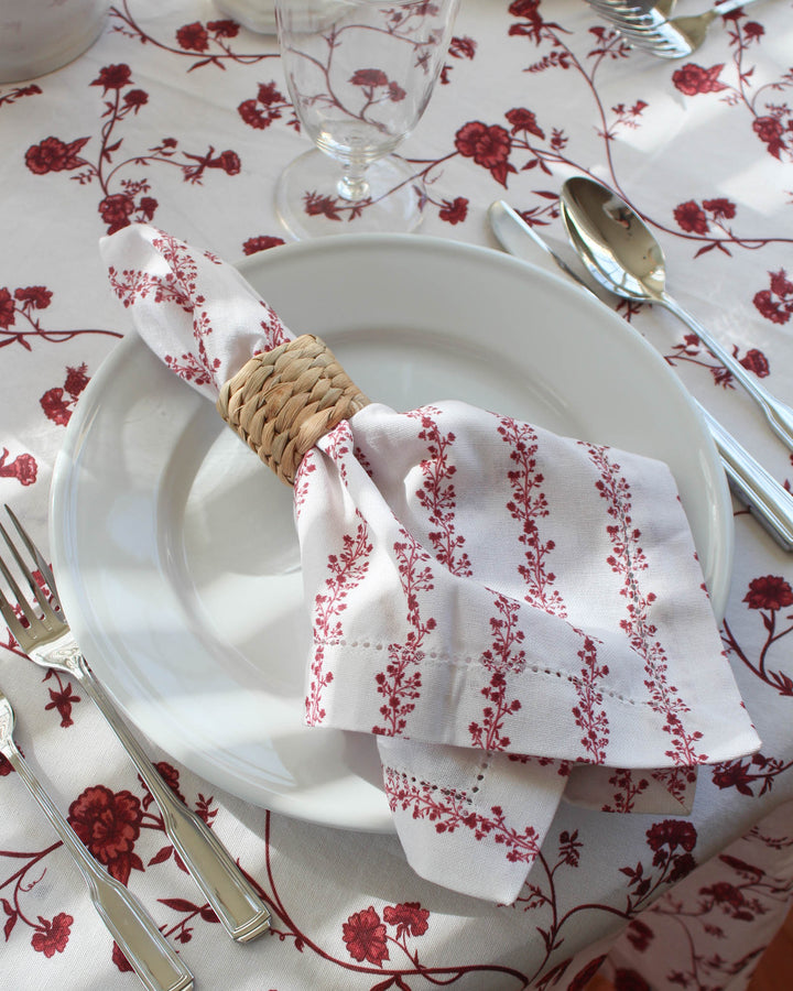 Cloth napkins set of 4 with hand-drawn red floral print, ideal for holiday tables and casual gatherings.