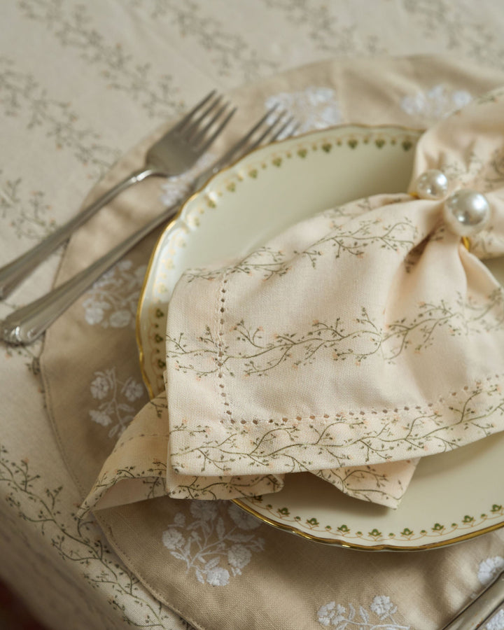 Meadow Stripe napkins styled for spring celebrations, fall tablescapes, Thanksgiving hosting, and everyday dining.