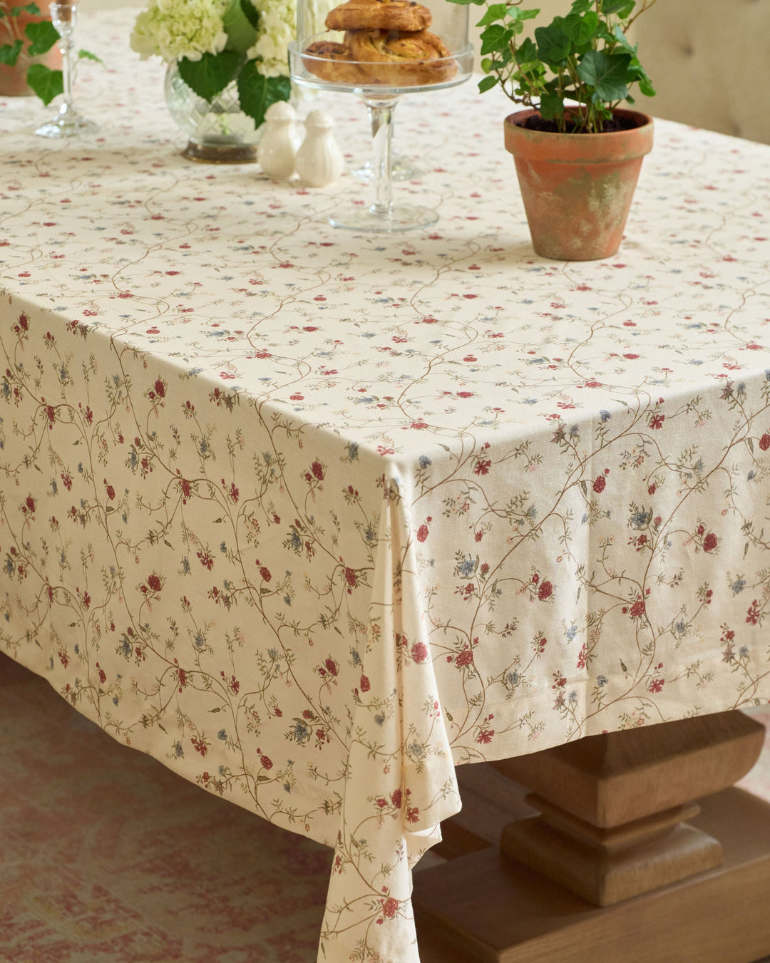 Vintage-inspired botanical tablecloth with multicolor florals, perfect for Thanksgiving dinners, spring hosting, and Easter tablescapes.