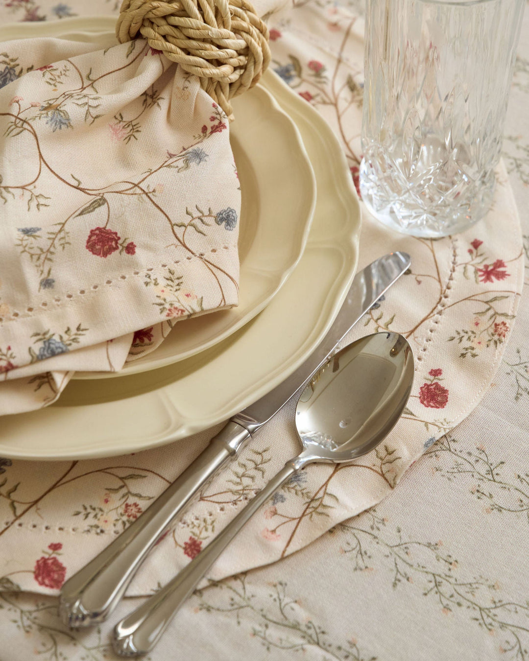 English countryside floral placemats in cream, green, red, blue, pink, and yellow for classic spring and fall entertaining.