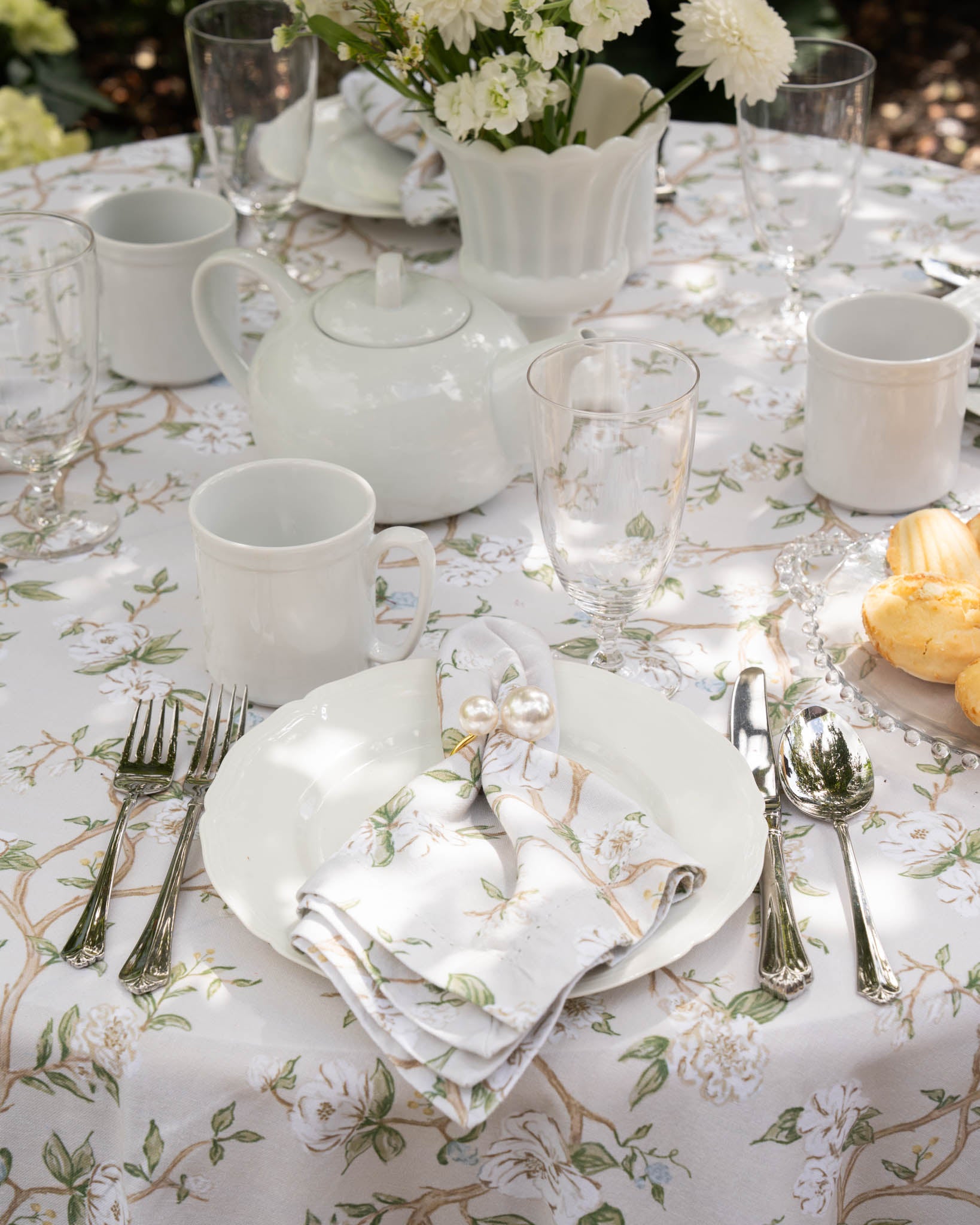 Hand-drawn Camellia print napkins, ideal for spring weddings, thoughtful hostess gifts, and elegant Mother’s Day table decor.