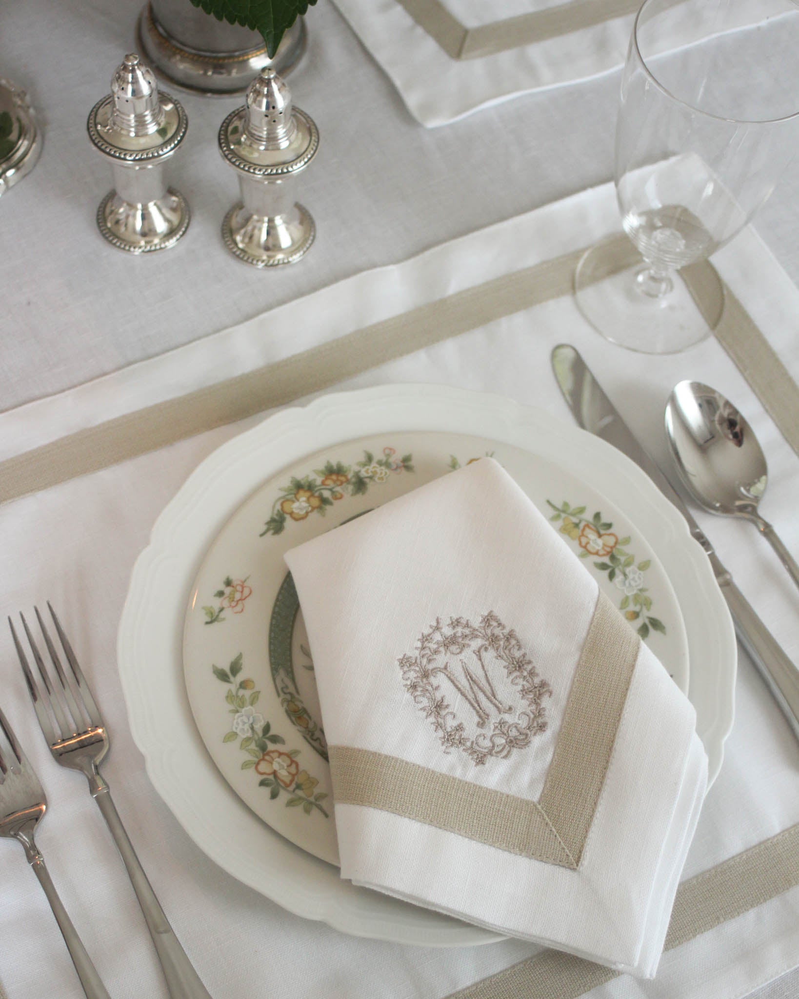 Monogrammed Willa napkin customized with initials in beige thread. Perfect for Christmas gift for mom, parents, wife