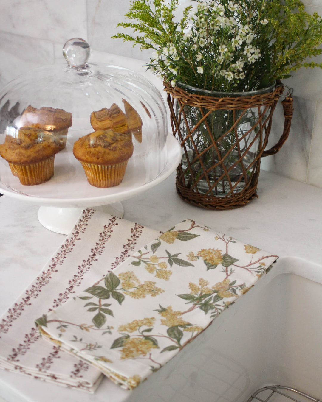Brown and cream floral stripe tea towel with an elegant hand-drawn pattern, perfect for kitchen decor, fall tablescapes, and thoughtful housewarming gifts.