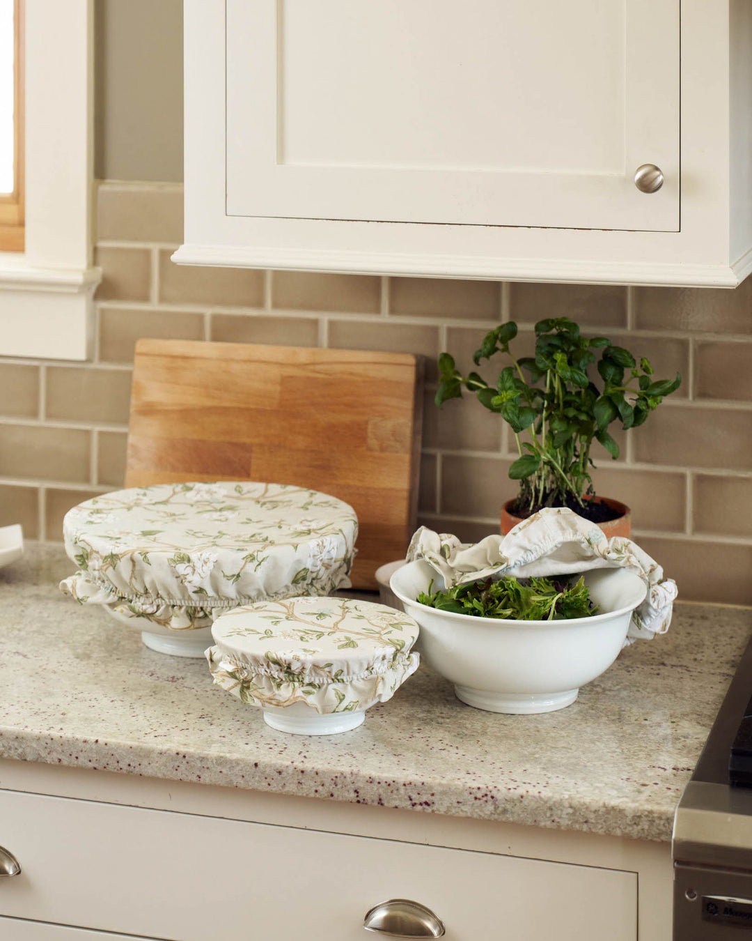 Camellia floral bowl covers set of 3 in breathable cotton, perfect for sourdough proofing and bread baking.