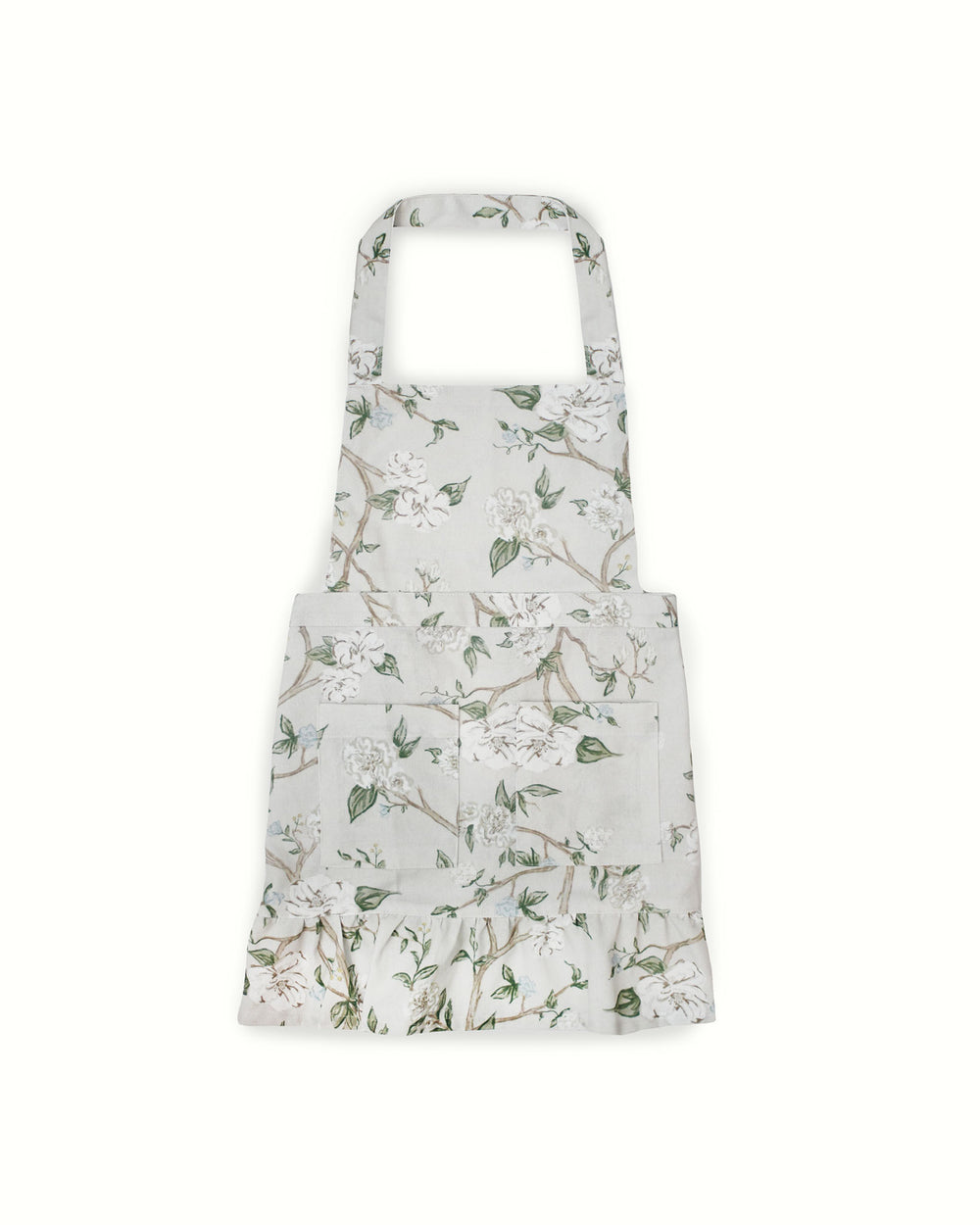 Floral apron for girls ages 4 to 7, featuring camellia print and adjustable ties for a comfortable fit.