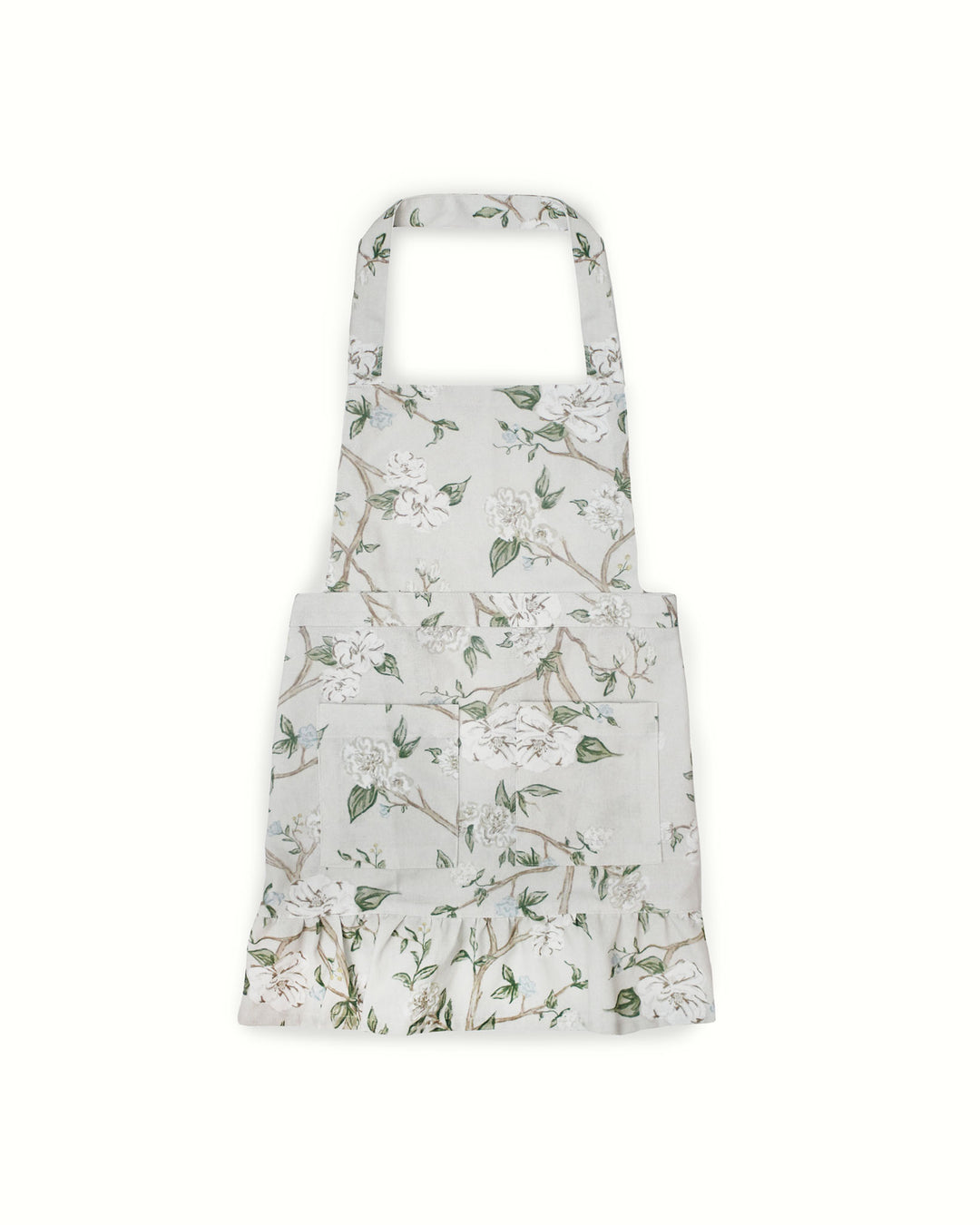 Floral apron for girls ages 4 to 7, featuring camellia print and adjustable ties for a comfortable fit.