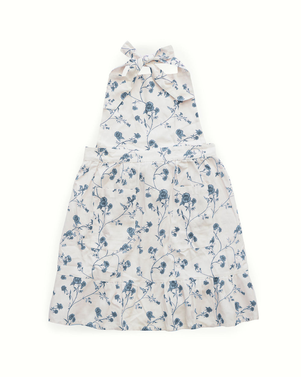 Delft blue floral apron in premium cotton with botanical floral pattern, adjustable ties and pockets for everyday kitchen use