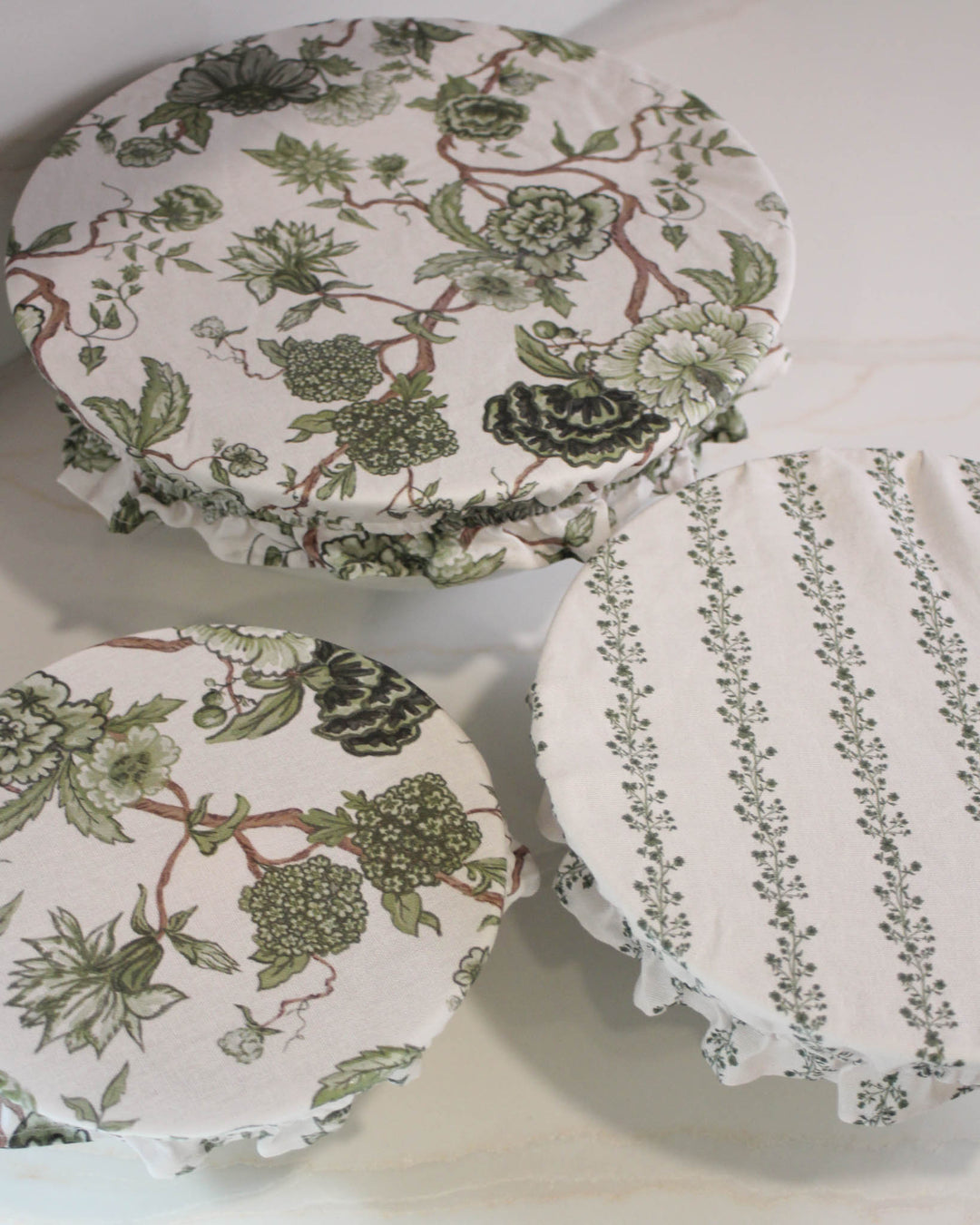 Floral cotton bowl covers for bread proofing, ideal for sourdough baking and covering dough during fermentation.