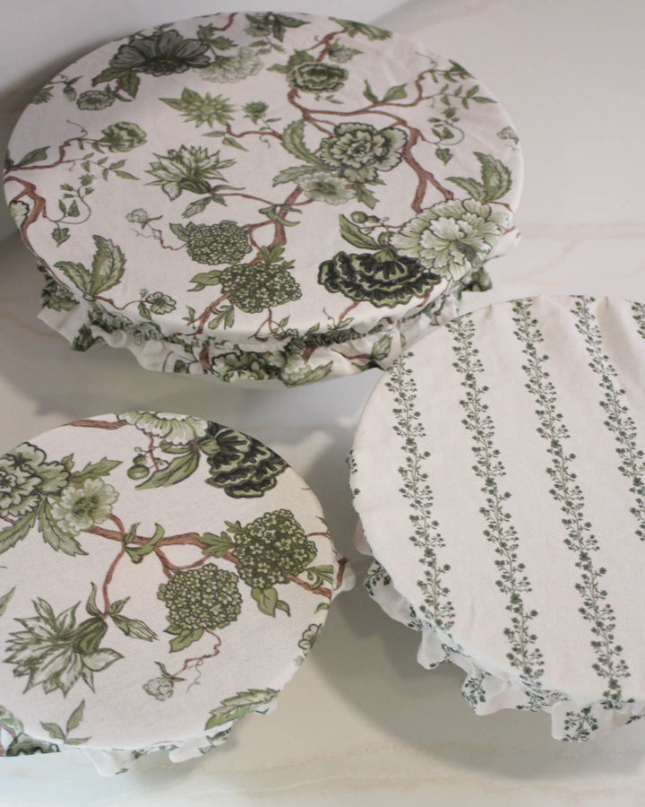 Floral cotton bowl covers for bread proofing, ideal for sourdough baking and covering dough during fermentation.