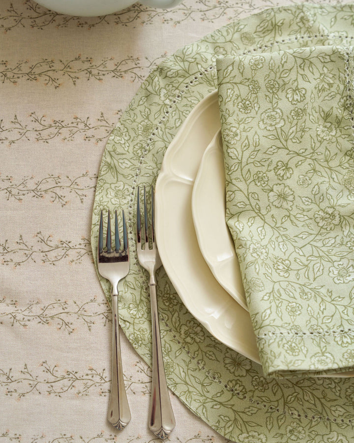 Neutral sage green placemats with delicate floral details for Thanksgiving tablescapes, Christmas table linens, Easter brunch, and garden-inspired decor.