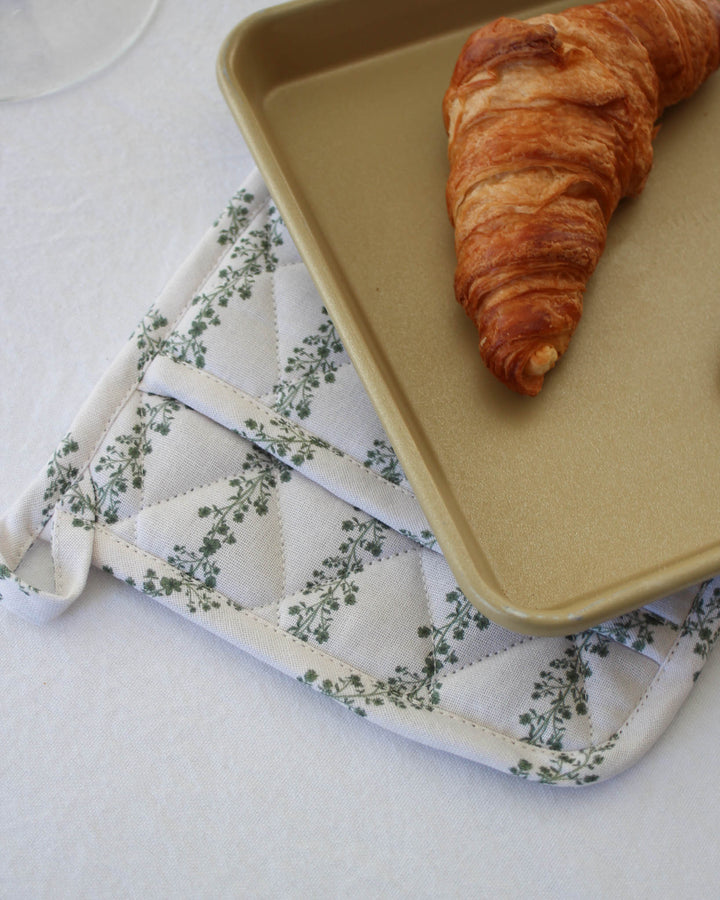 Begonia green stripe floral pot holder set in quilted cotton, heat-resistant and perfect for sourdough baking and cooking.