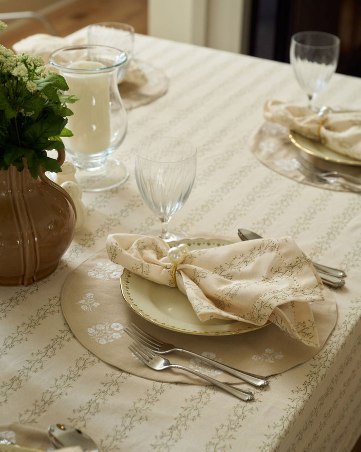 heirloom embroidered placemats and neutral floral table linens