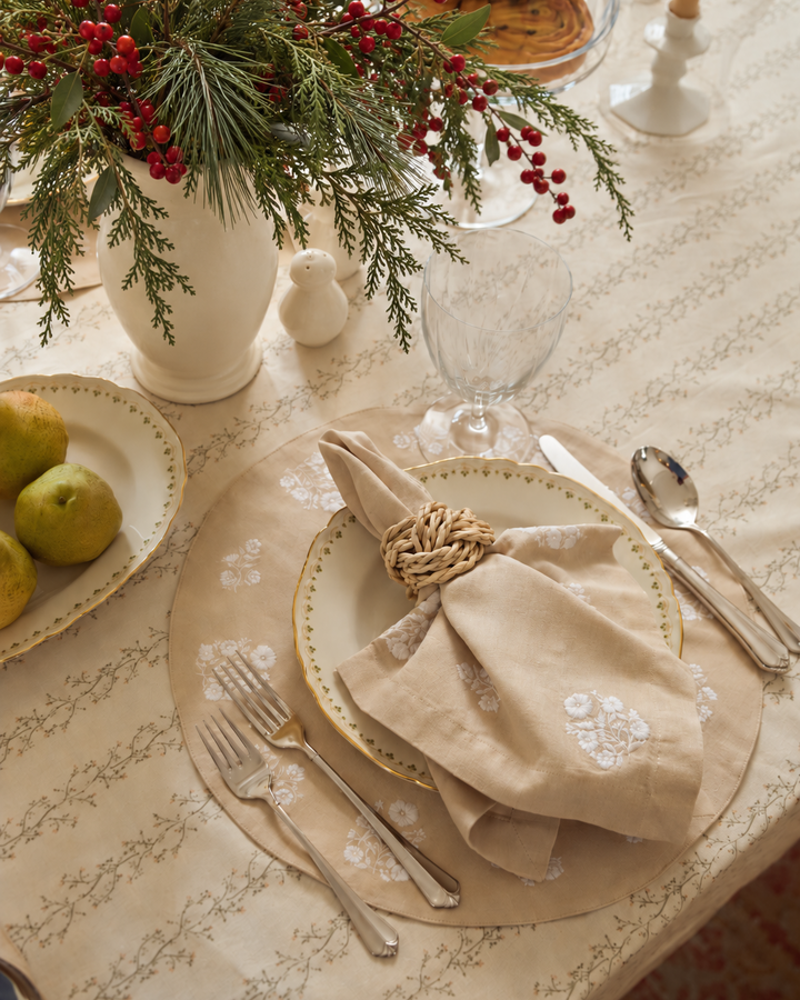 table linens with embroidered detail for holiday hosting