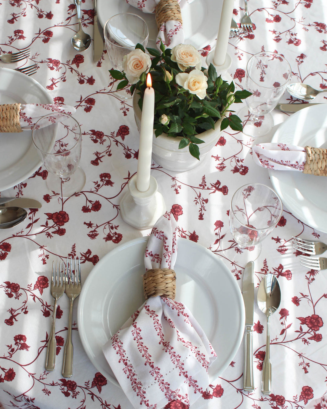 Floral napkins styled for a welcoming table, ideal for hosting friends and family holiday dinners.