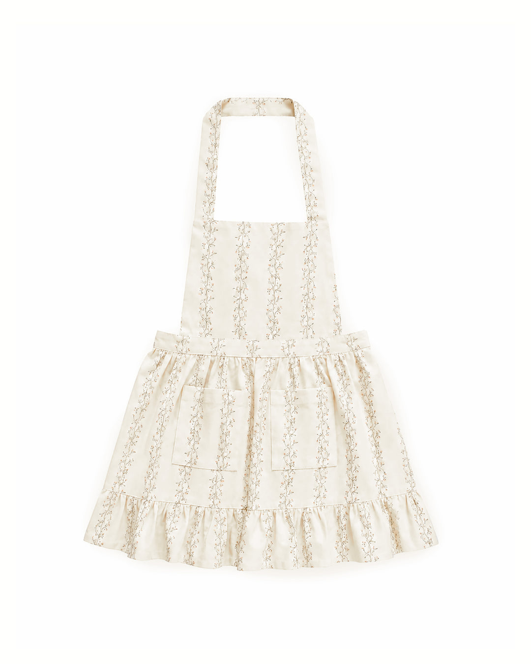 Little girls’ floral apron with ruffle trim, adjustable waist ties, and front pockets, perfect for baking, cooking, crafting, and imaginative play.