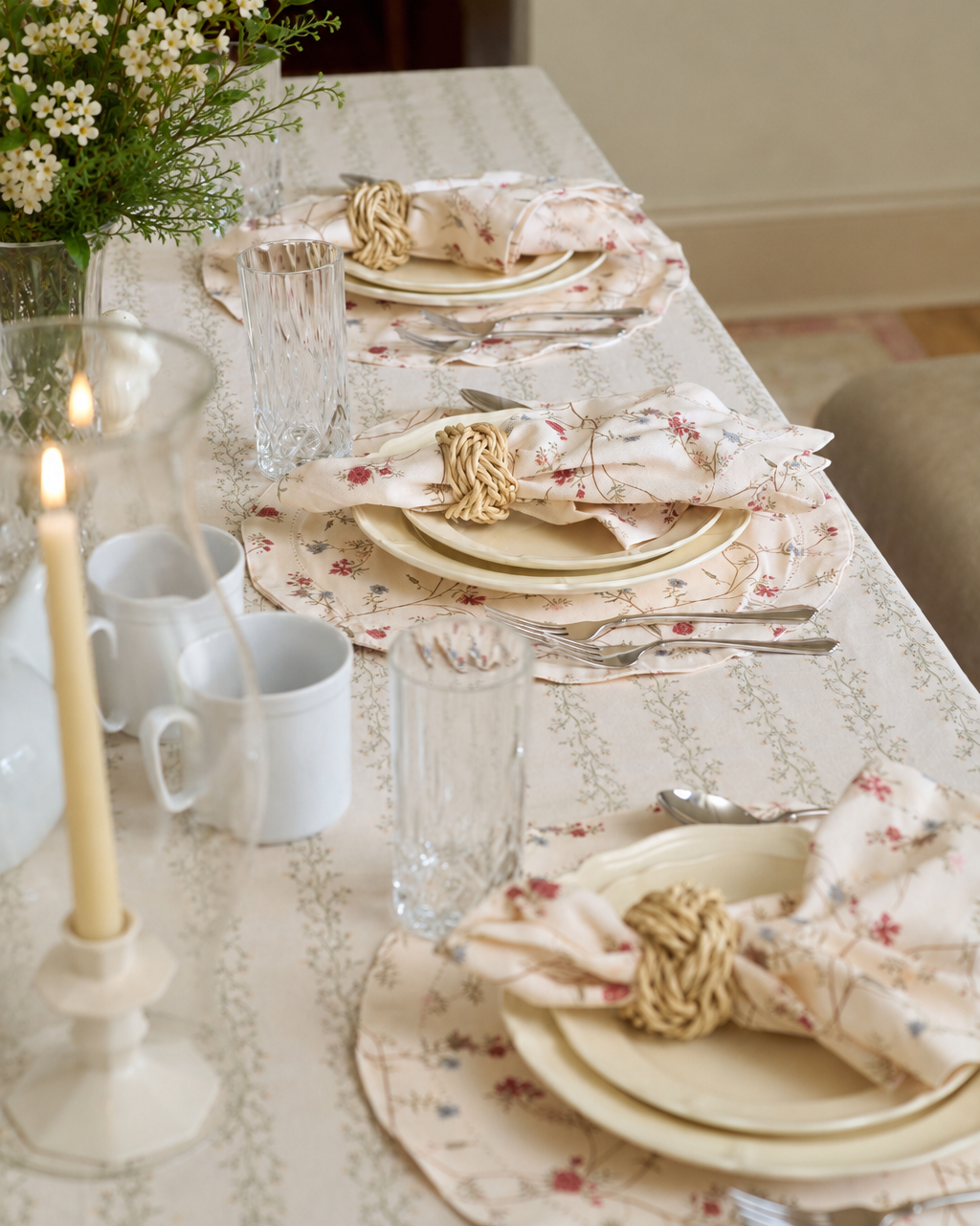 Neutral botanical placemats with an antique-inspired multicolor floral print for weddings, seasonal gatherings, and everyday tables.