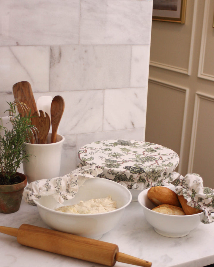 Set of 3 reusable bowl covers in cotton with elastic edge, perfect for sourdough, baking, and kitchen storage.
