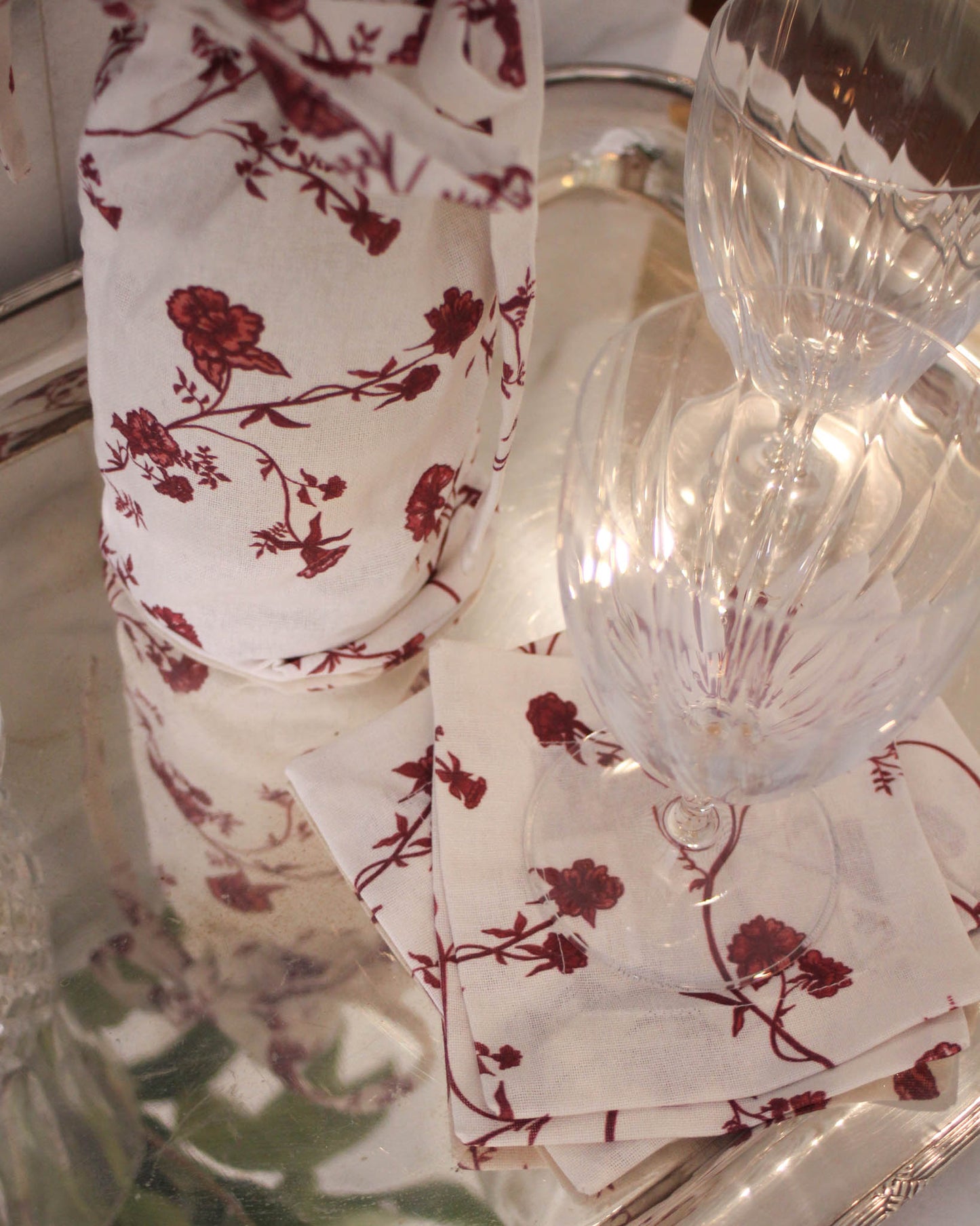 Timeless floral cocktail napkins made sustainably from organic cotton for meaningful gatherings.