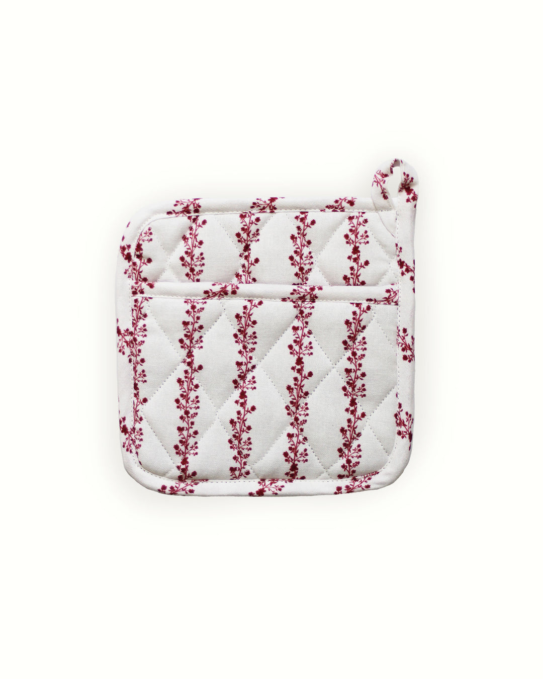 Beautifully crafted red  floral stripe quilted cotton woven potholder set. This set of 2 pot holders is made from premium cotton with recycled cotton insulation, making them perfect quilted potholders for baking and cooking. Each 8 inch square pad includes a hanging loop. Ideal as floral hot pads or quilted trivets for protecting surfaces. These spring kitchen essentials are a great gift for her, mom, or a grandma gift. Perfectly complements grand millennial decor aesthetics.