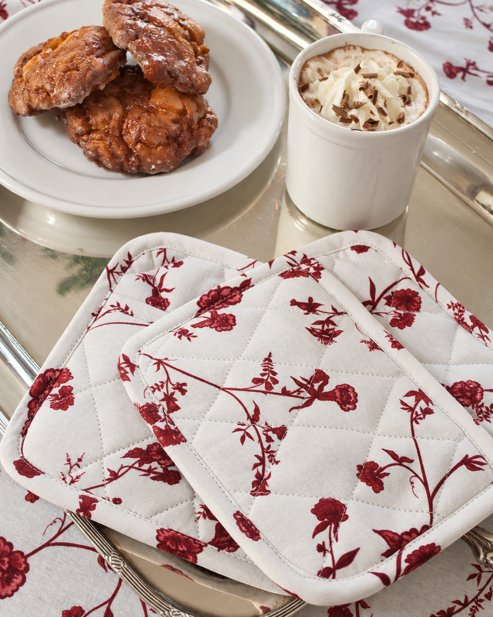 red floral pot holders for holiday baking