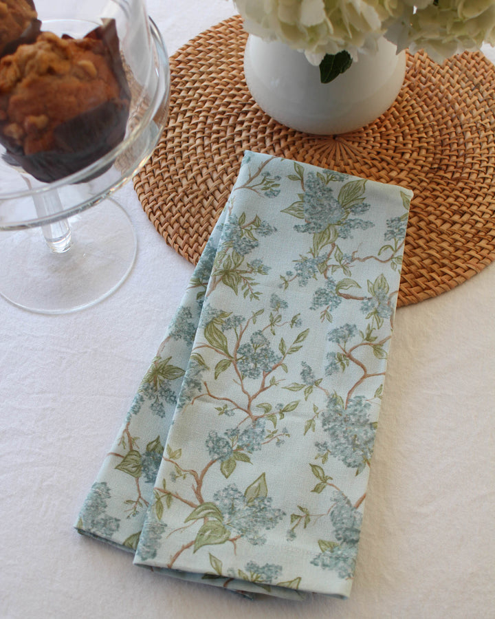 Hyacinth tea towel with hand-drawn floral print, ideal for lining bread baskets and daily kitchen use.